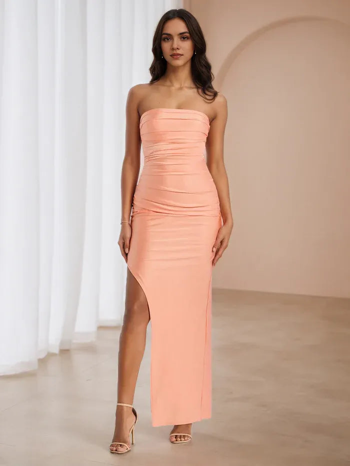 Stylish Coral Strapless Bodycon Prom Dress Ruched Detailing High - Slit Maxi Gown  Ideal for Evening Events