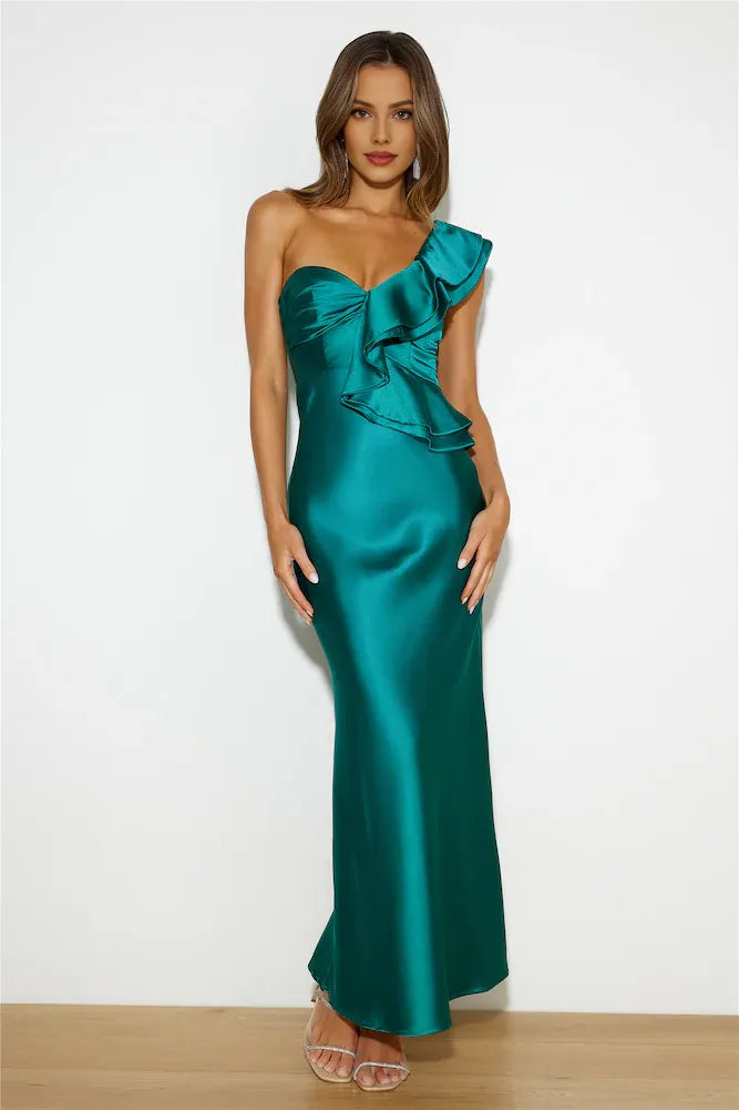 Stylish Elegant Mermaid One Shoulder Ruffle Green Maxi Prom Dress For Women