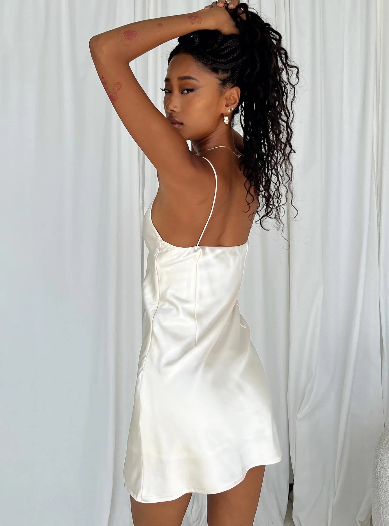 Stylish Ivory Satin Spaghetti Strap Homecoming Dress Twist Front Accent  Plunge Neck for a Glamorous Night Out