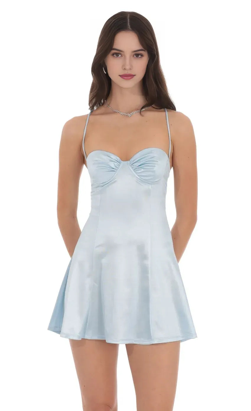 Stylish Light Blue Satin Homecoming Dresses Spaghetti Straps, Ruched Sweetheart Neck Flared Skirt A Must  Have for Creating a Stunning Look at Teenage School Celebrations