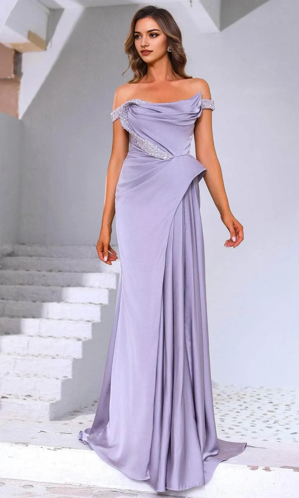 Stylish Lilac Off Shoulder Prom Dresses with Draped Front and Rhinestone Trim for Special Occasions