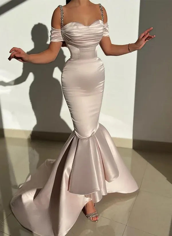 Stylish Mermaid Off-Shoulder Crystal Straps Trumpet Satin Champagne Prom Dress