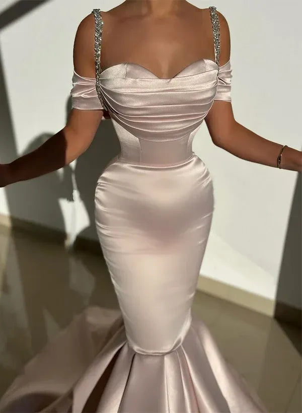 Stylish Mermaid Off-Shoulder Crystal Straps Trumpet Satin Champagne Prom Dress