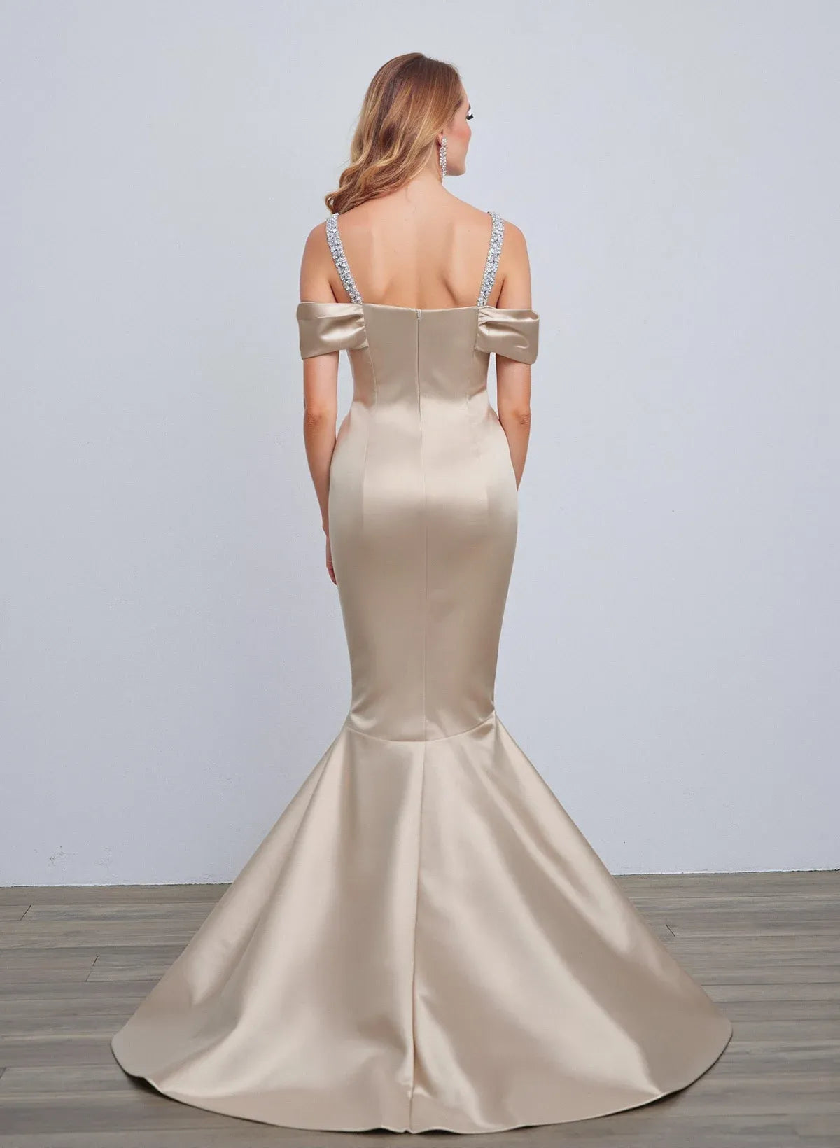 Stylish Mermaid Off-Shoulder Crystal Straps Trumpet Satin Champagne Prom Dress