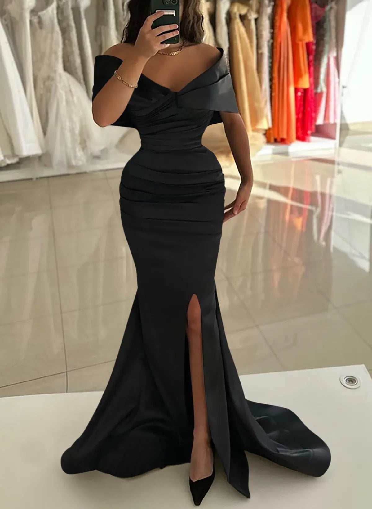 Stylish Mermaid Off-Shoulder Ruched Slit Satin Black Prom Dress With Sweep Train