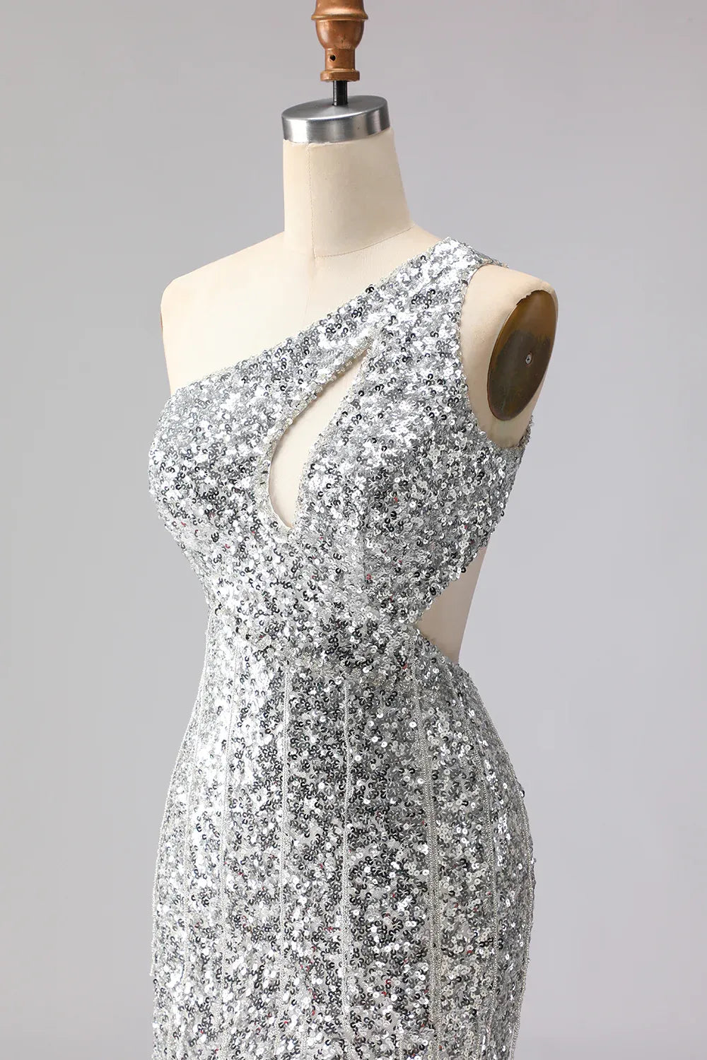Stylish Mermaid One-Shoulder Cut Out Sequin Silver Prom Dress With Fringe