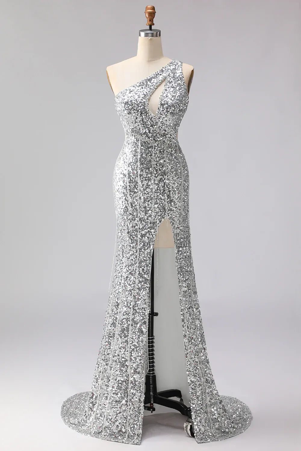 Stylish Mermaid One-Shoulder Cut Out Sequin Silver Prom Dress With Fringe
