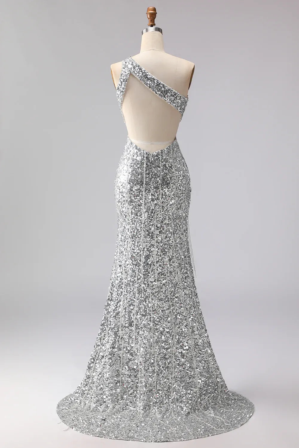 Stylish Mermaid One-Shoulder Cut Out Sequin Silver Prom Dress With Fringe