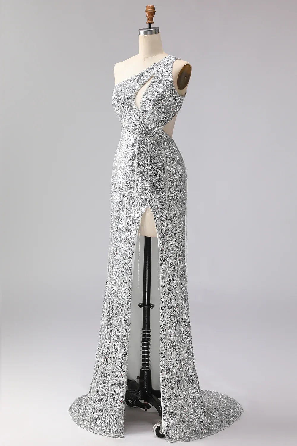 Stylish Mermaid One-Shoulder Cut Out Sequin Silver Prom Dress With Fringe