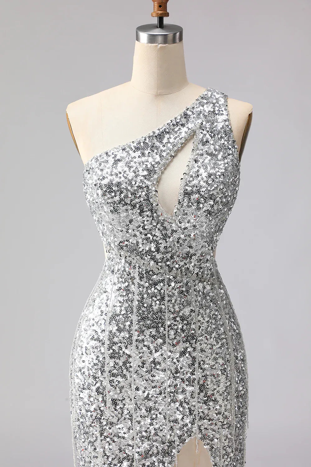 Stylish Mermaid One-Shoulder Cut Out Sequin Silver Prom Dress With Fringe