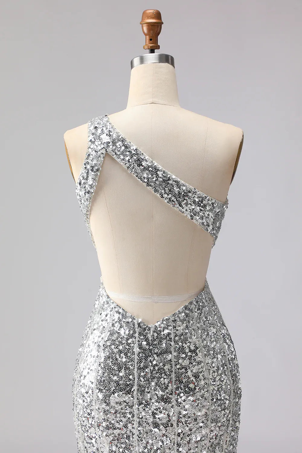 Stylish Mermaid One-Shoulder Cut Out Sequin Silver Prom Dress With Fringe