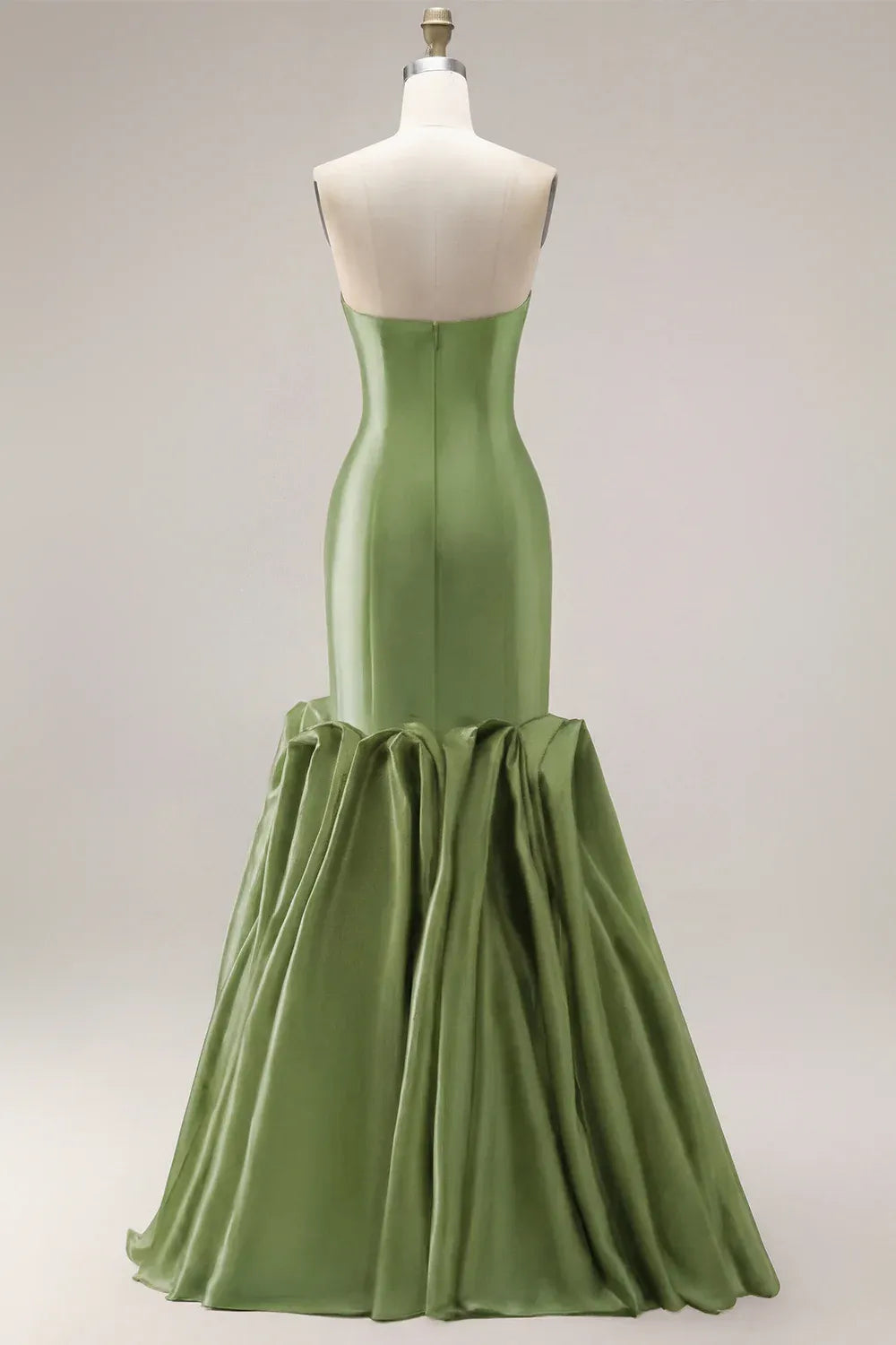 Stylish Mermaid Strapless 3D Flowers Satin Olive Green Long Prom Dress Custom