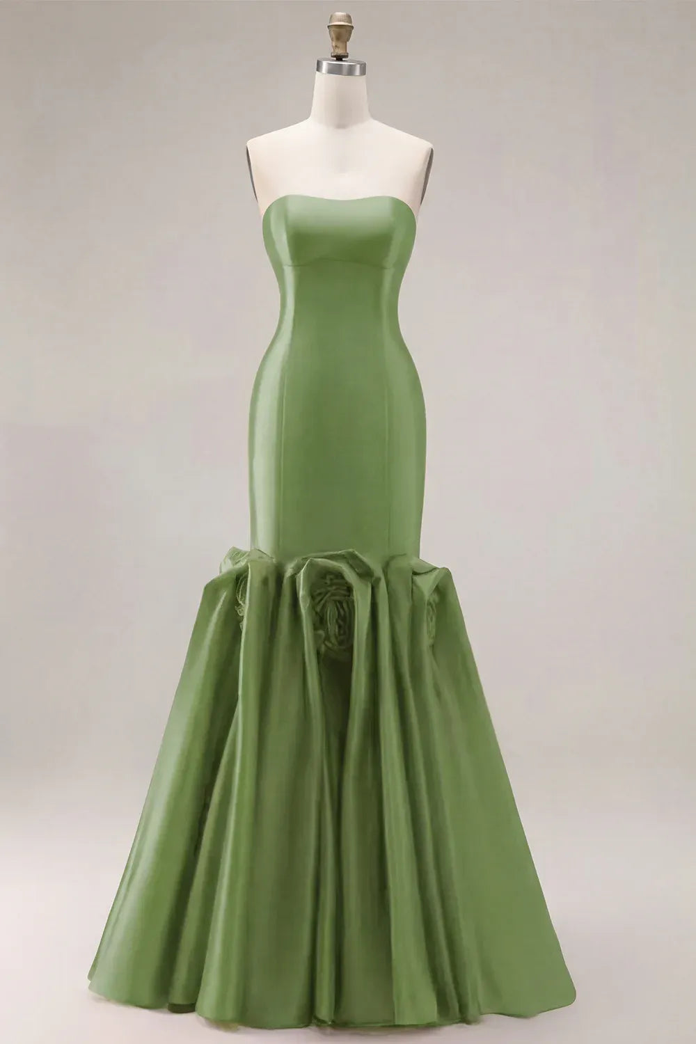 Stylish Mermaid Strapless 3D Flowers Satin Olive Green Long Prom Dress Custom