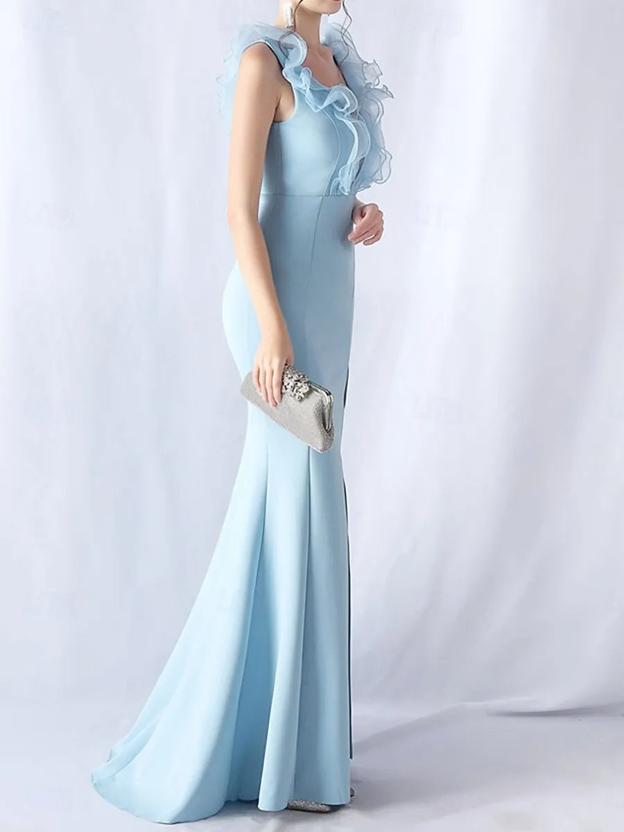 Stylish Mermaid V-Neck Ruffle Sky Blue Maxi Prom Dress With Slit
