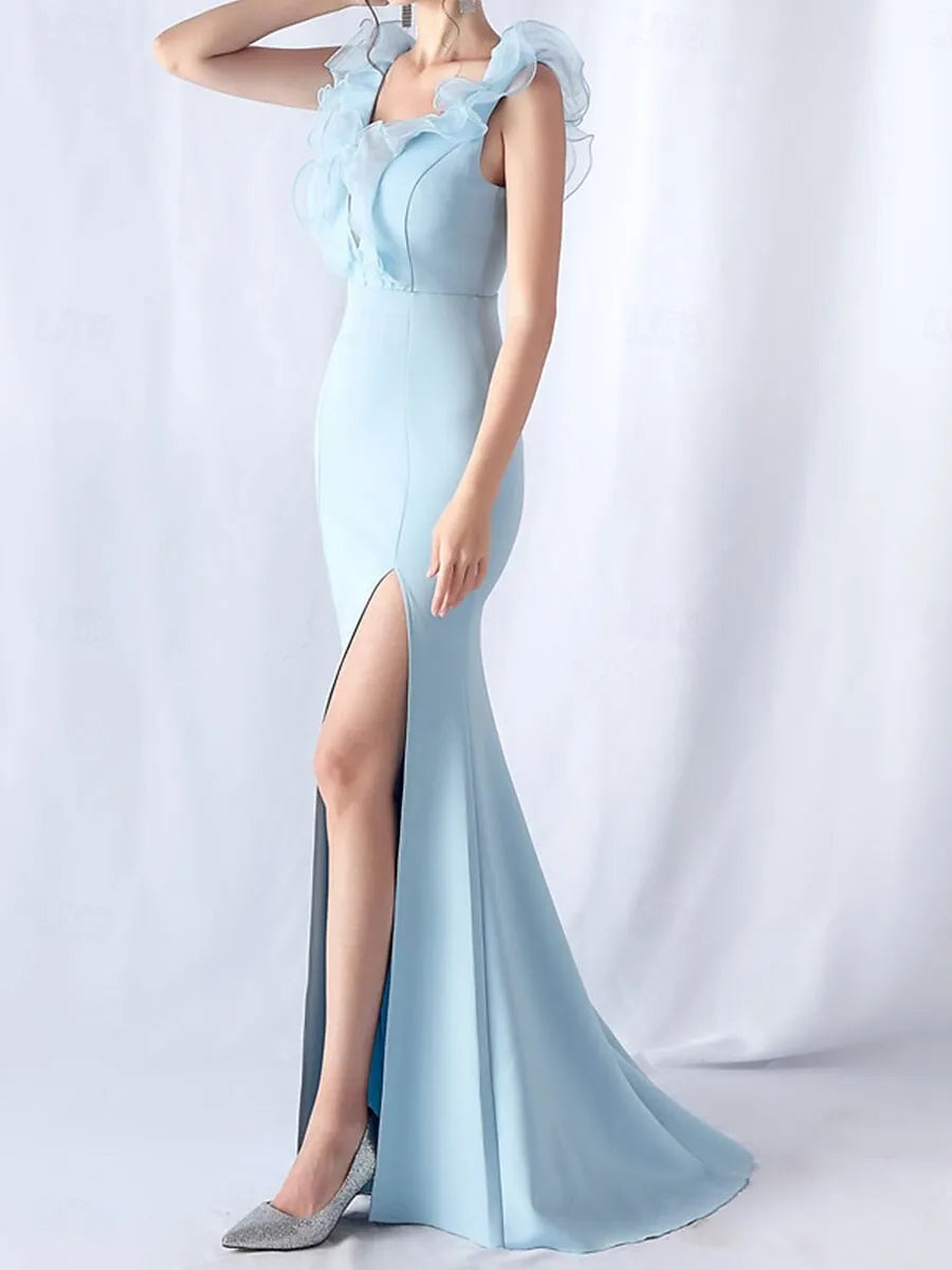 Stylish Mermaid V-Neck Ruffle Sky Blue Maxi Prom Dress With Slit