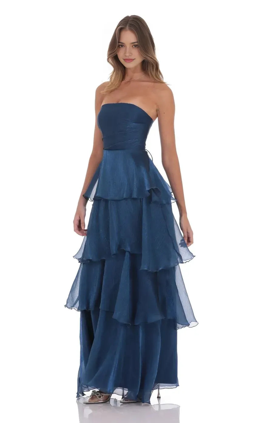 Stylish Navy Blue Prom Gown with Strapless Design and Tiered Ruffle Silhouette Suited for Memorable Prom Occasions