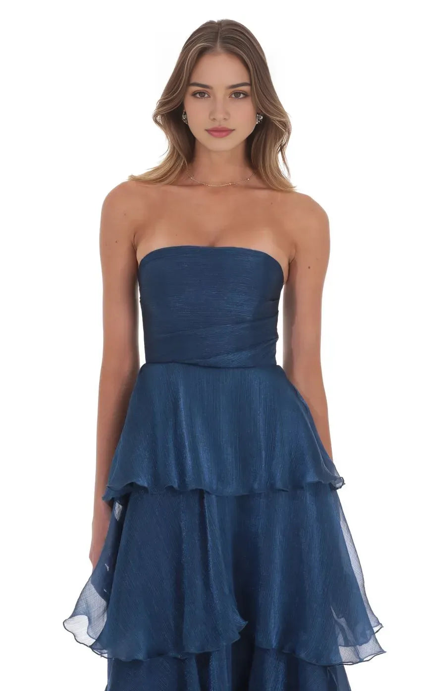 Stylish Navy Blue Prom Gown with Strapless Design and Tiered Ruffle Silhouette Suited for Memorable Prom Occasions