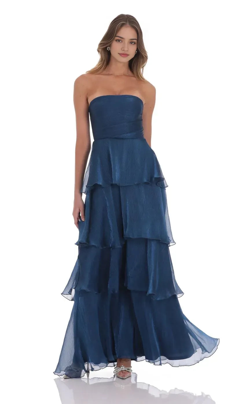Stylish Navy Blue Prom Gown with Strapless Design and Tiered Ruffle Silhouette Suited for Memorable Prom Occasions