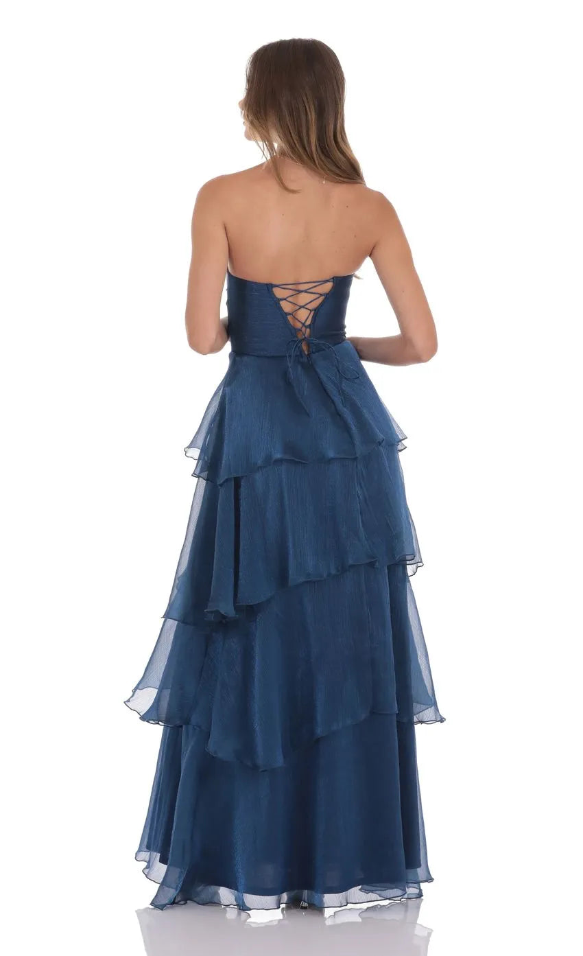 Stylish Navy Blue Prom Gown with Strapless Design and Tiered Ruffle Silhouette Suited for Memorable Prom Occasions