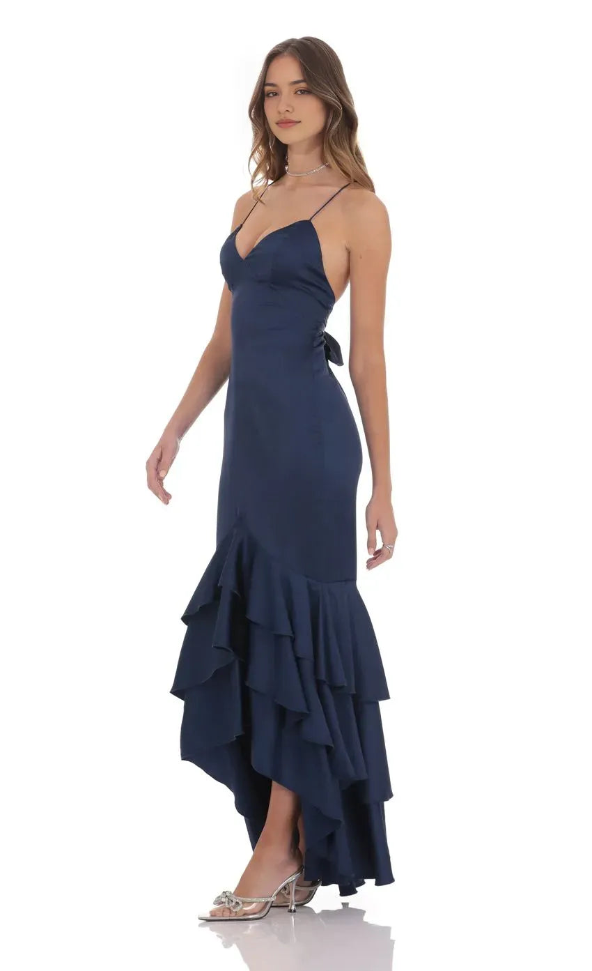 Stylish Navy Prom Dress with Plunging Neckline Spaghetti Straps Tiered Ruffle Train  Elevate Your Prom Look