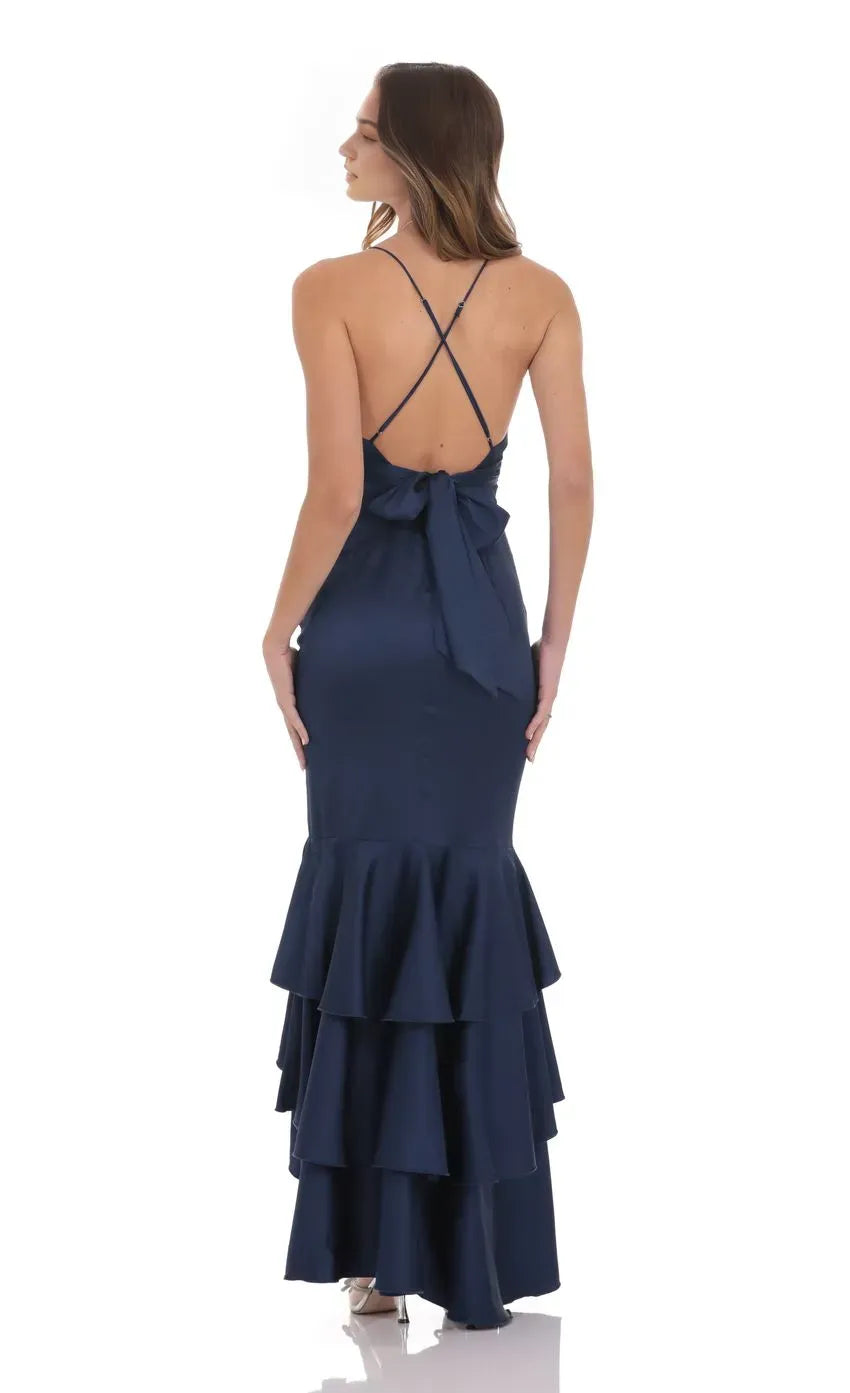 Stylish Navy Prom Dress with Plunging Neckline Spaghetti Straps Tiered Ruffle Train  Elevate Your Prom Look