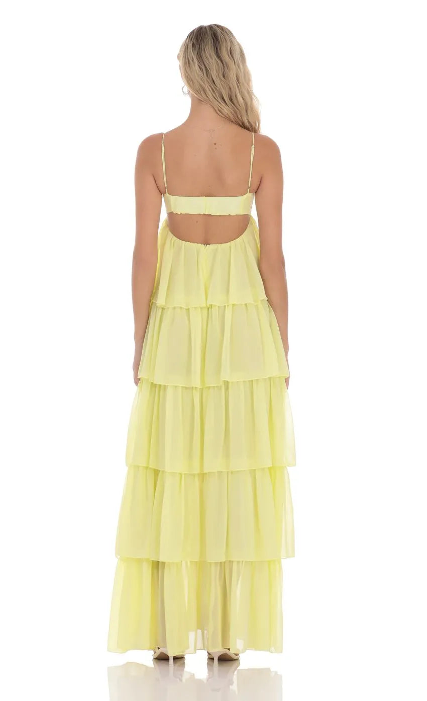 Stylish Neon Yellow Prom Gown with Spaghetti Straps Bow Cutout Tiered Ruffle Skirt  Suited for Memorable Prom Nights