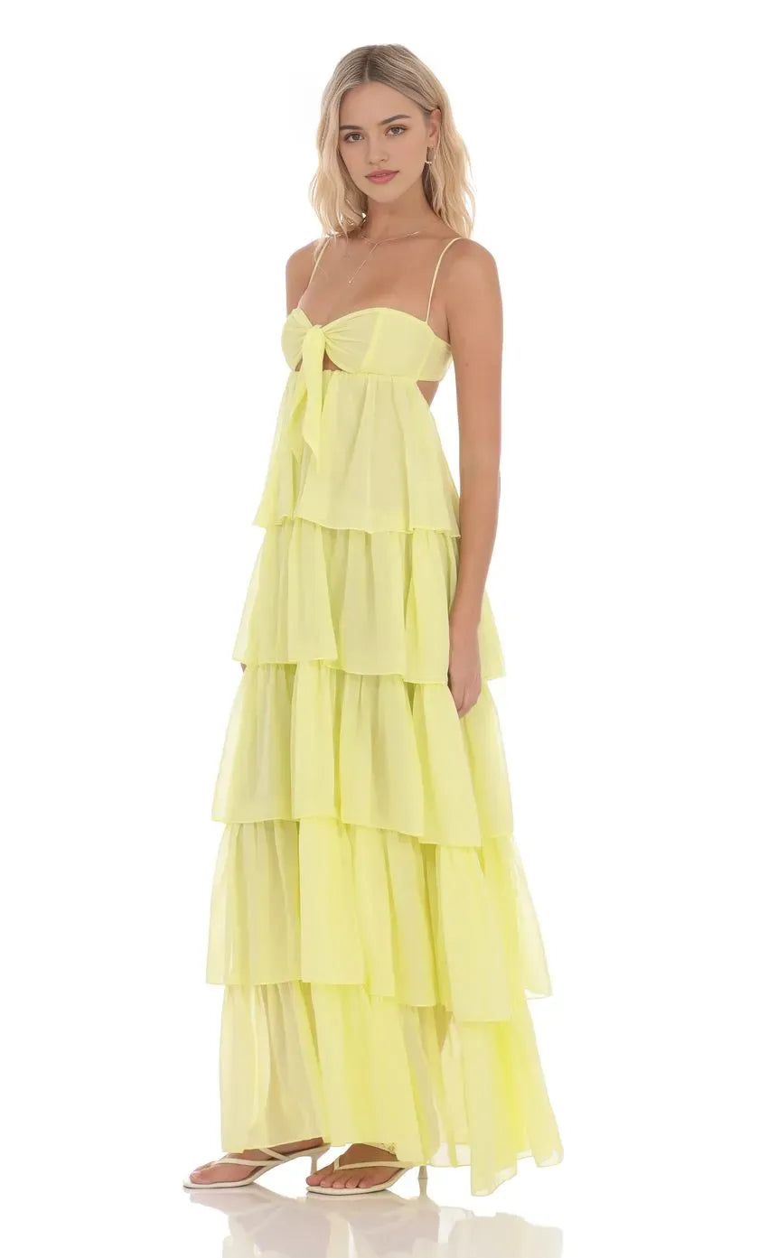 Stylish Neon Yellow Prom Gown with Spaghetti Straps Bow Cutout Tiered Ruffle Skirt  Suited for Memorable Prom Nights