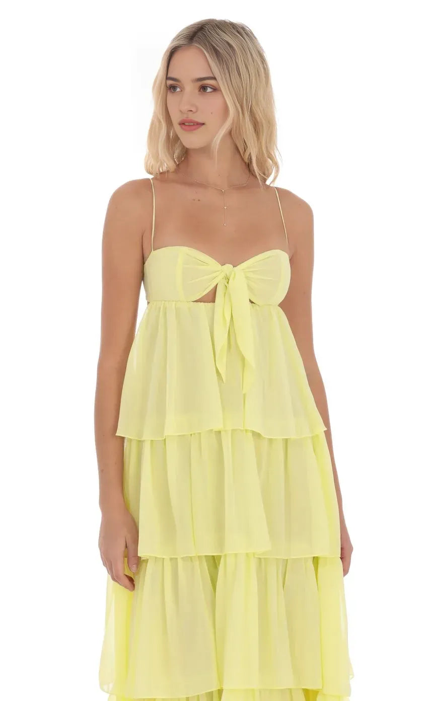 Stylish Neon Yellow Prom Gown with Spaghetti Straps Bow Cutout Tiered Ruffle Skirt  Suited for Memorable Prom Nights