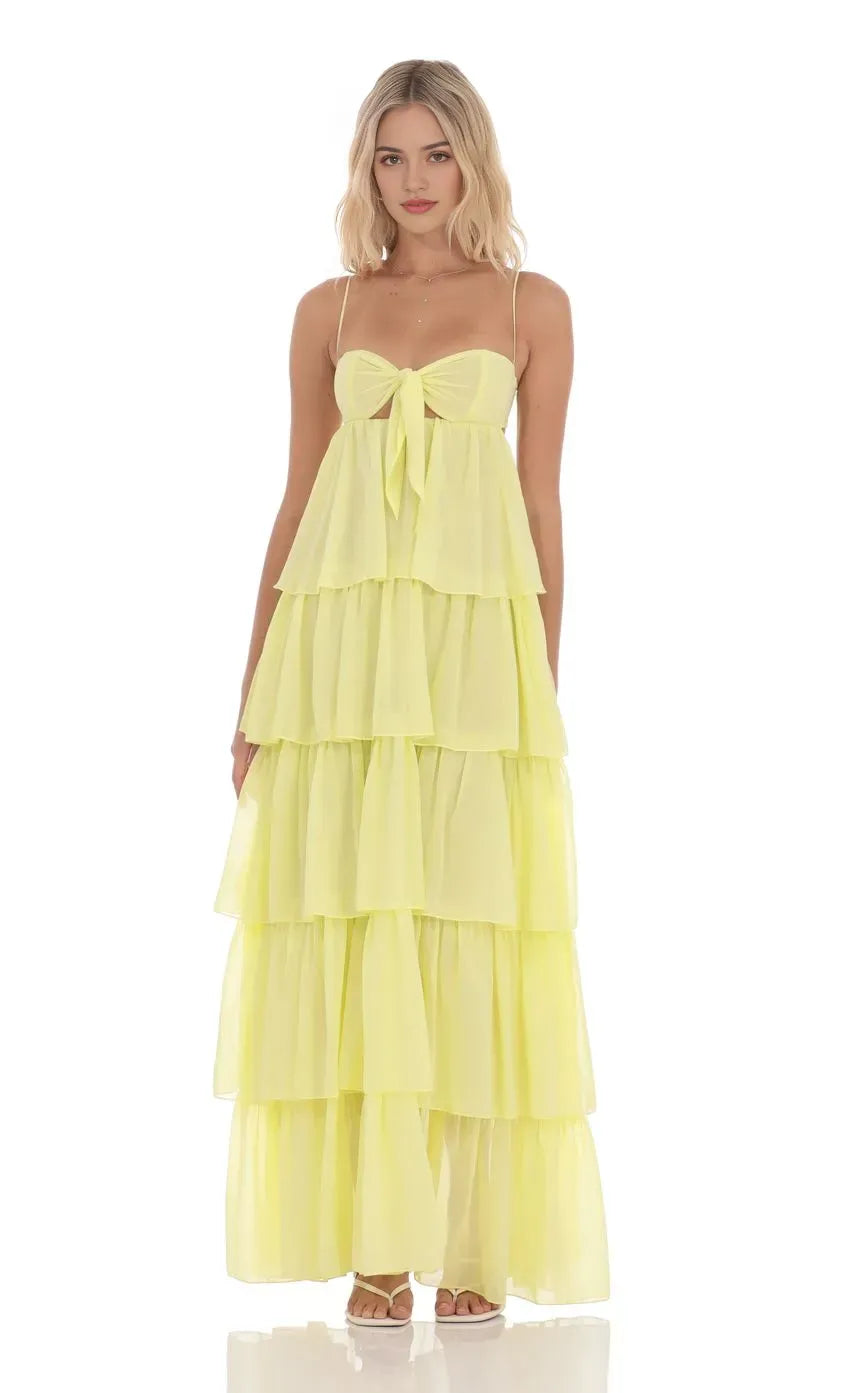 Stylish Neon Yellow Prom Gown with Spaghetti Straps Bow Cutout Tiered Ruffle Skirt  Suited for Memorable Prom Nights