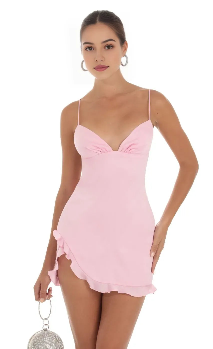 Stylish Pink Spaghetti Strap Homecoming Gown Deep V - Neck Asymmetric Ruffled Hem  Figure  Hugging Fit A Must  Have for Creating a Stunning Look at Teenage School Events