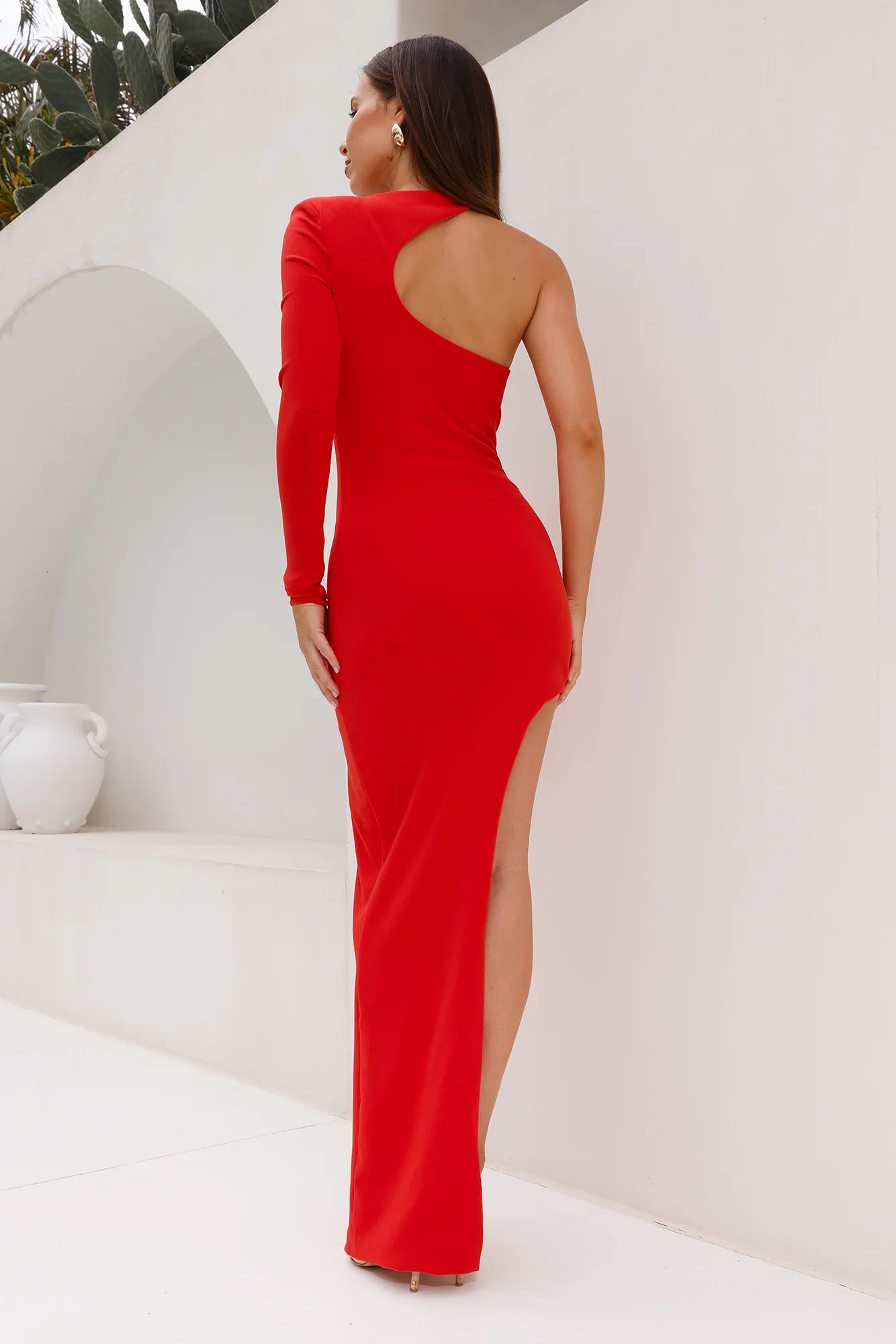 Stylish Sheath Halter One Long Sleeve Cutout Tangerine High Low Prom Dress