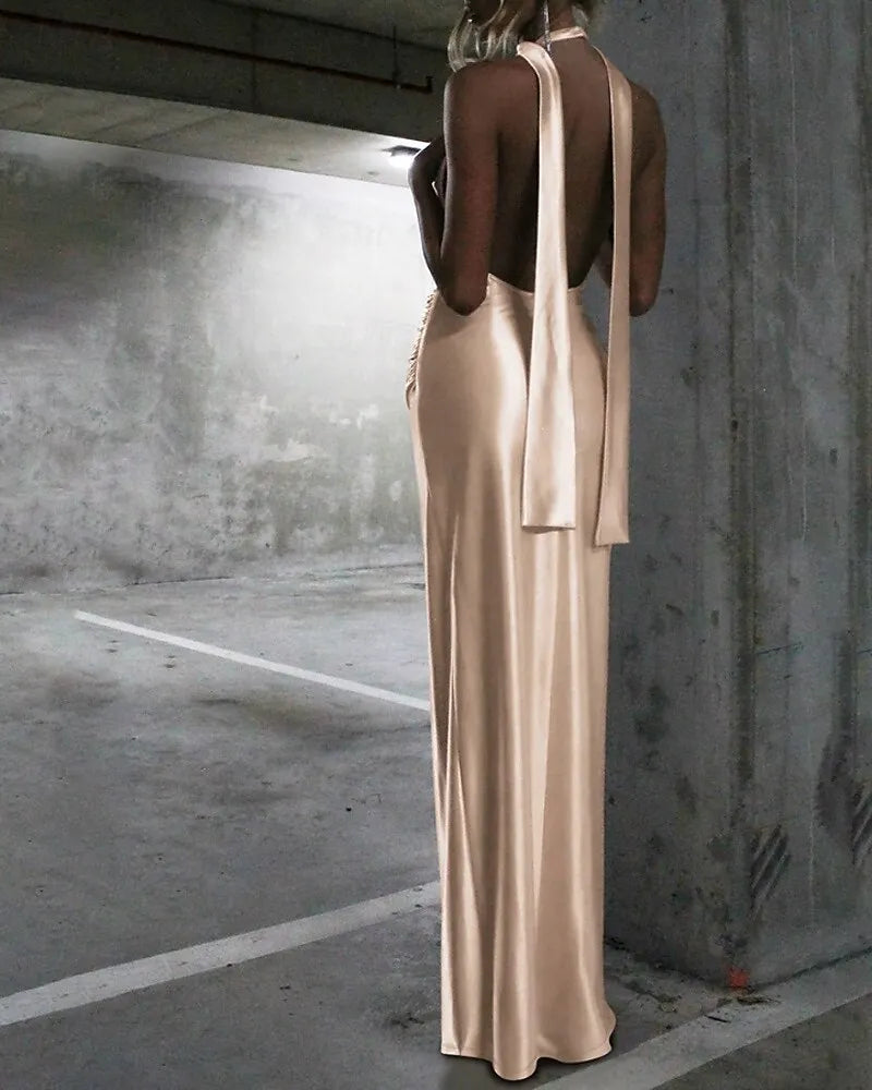 Sultry Mermaid Halter Cowl Neck Open Back Slit Satin Black Prom Dress For Sale