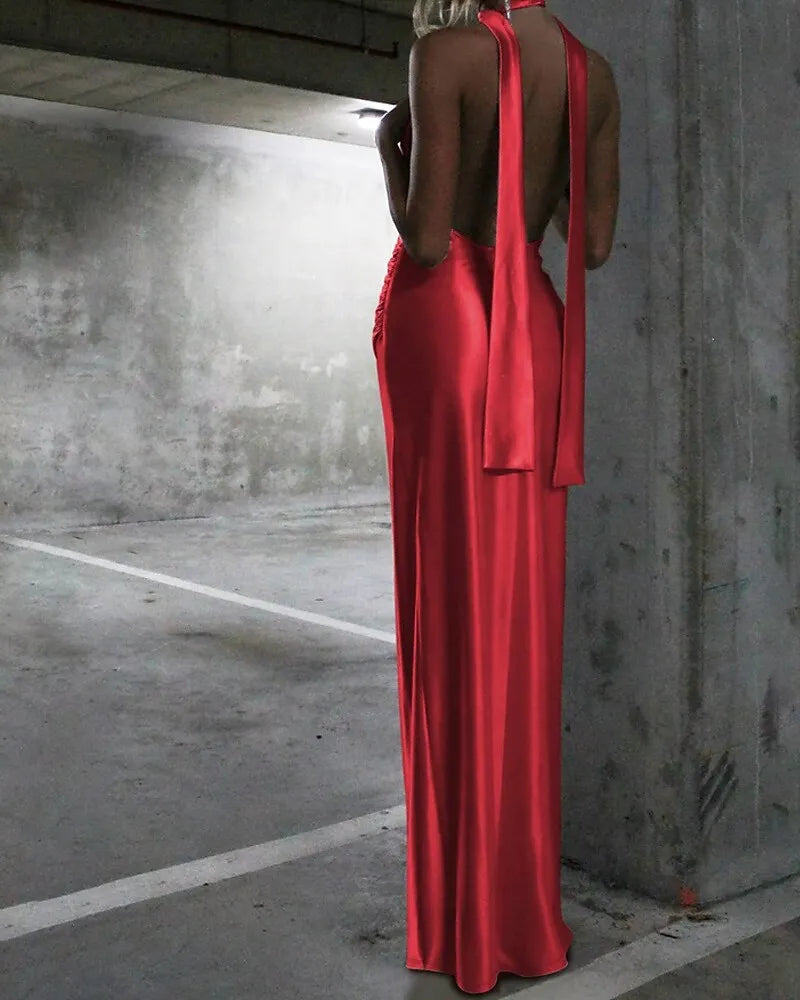 Sultry Mermaid Halter Cowl Neck Open Back Slit Satin Black Prom Dress For Sale