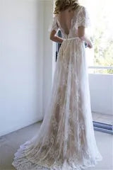 Summer V neck Cap sleeveles Lace Beach Wedding Dress