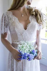 Summer V neck Cap sleeveles Lace Beach Wedding Dress