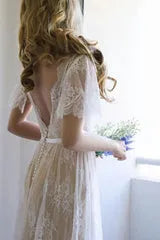 Summer V neck Cap sleeveles Lace Beach Wedding Dress