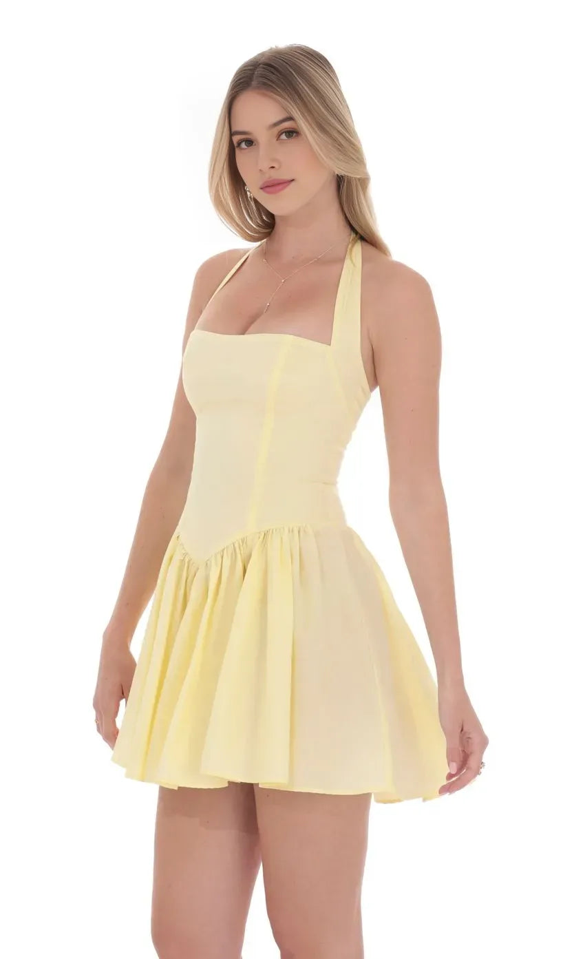 Sunny Yellow Halter Neck Homecoming Dress with Corset Inspired Bodice Twirl  Ready Flared Skirt for a Whimsical School Dance Look