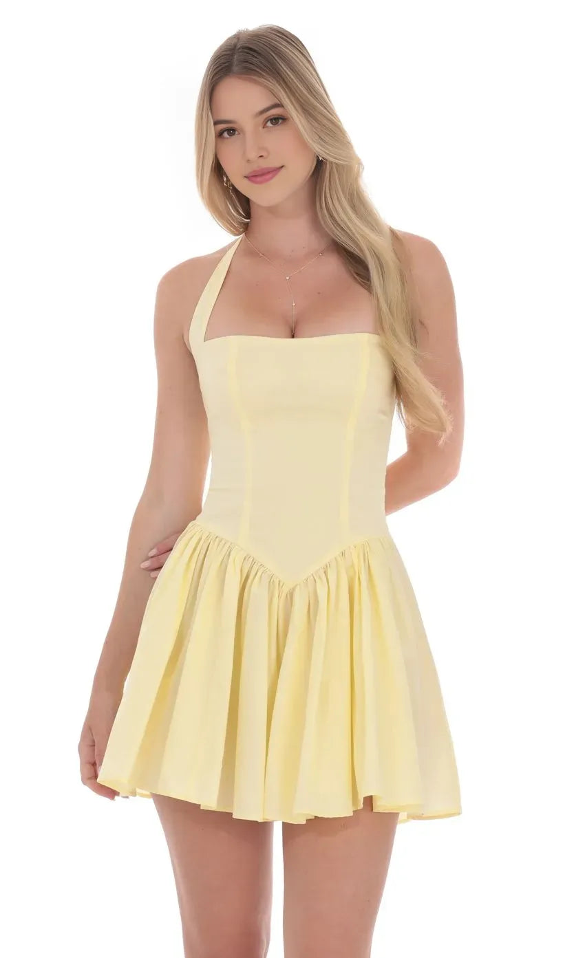 Sunny Yellow Halter Neck Homecoming Dress with Corset Inspired Bodice Twirl  Ready Flared Skirt for a Whimsical School Dance Look
