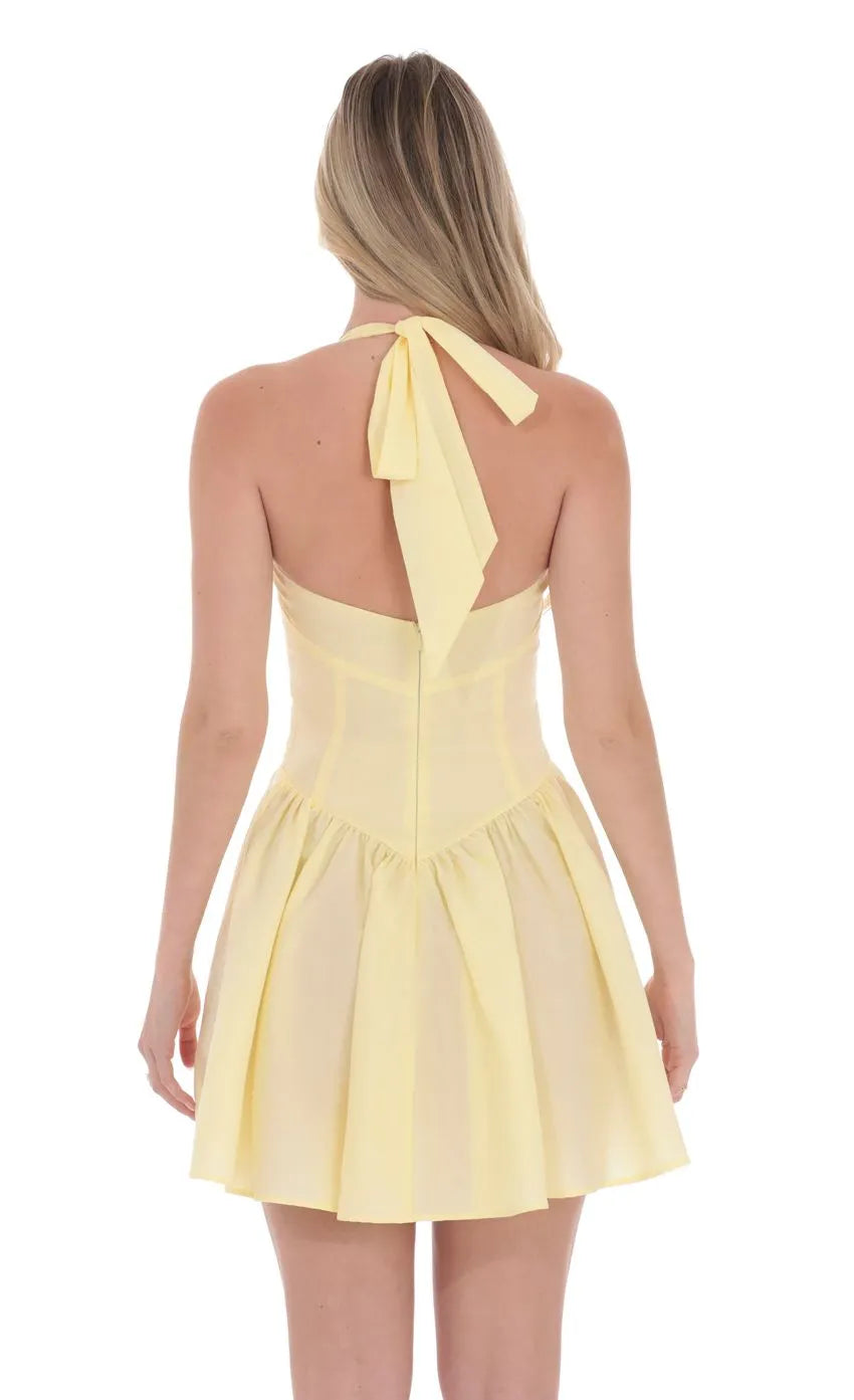 Sunny Yellow Halter Neck Homecoming Dress with Corset Inspired Bodice Twirl  Ready Flared Skirt for a Whimsical School Dance Look