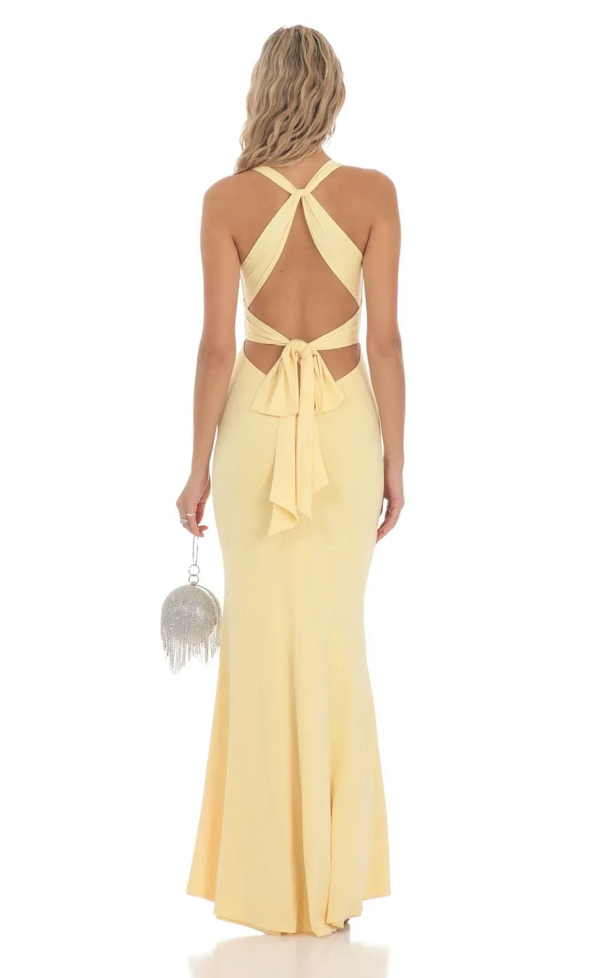 Sunny Yellow Halter  Neck Prom Dress with Twist Front Detail Bodycon Fit and Floor Length Silhouette