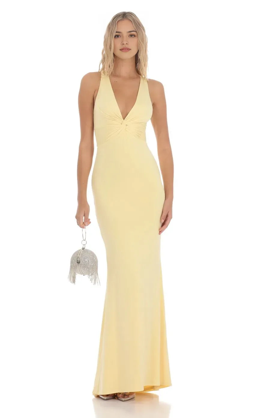 Sunny Yellow Halter  Neck Prom Dress with Twist Front Detail Bodycon Fit and Floor Length Silhouette