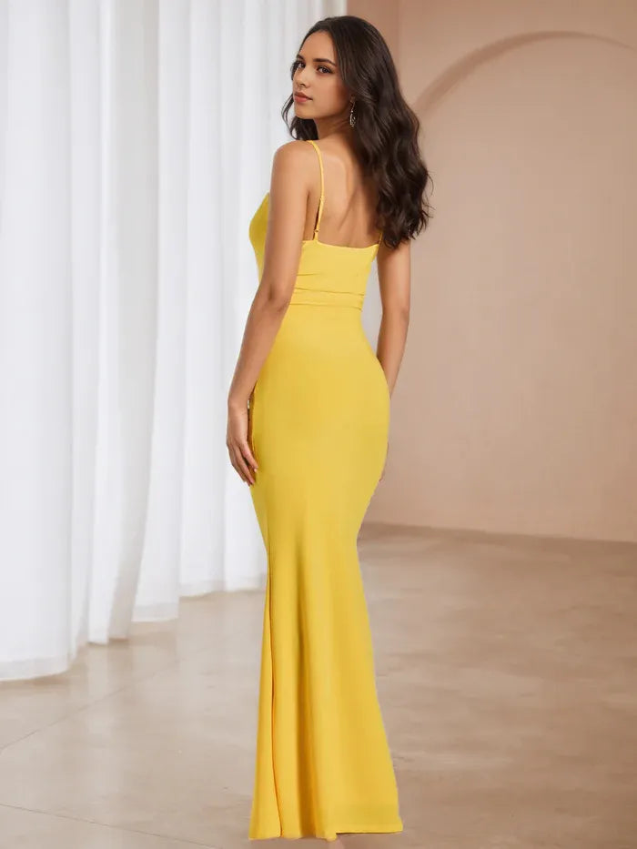 Sunny Yellow Mermaid Prom Dress Cowl Neckline Spaghetti Straps for Vibrant Gala Elegance