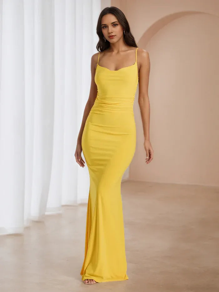 Sunny Yellow Mermaid Prom Dress Cowl Neckline Spaghetti Straps for Vibrant Gala Elegance