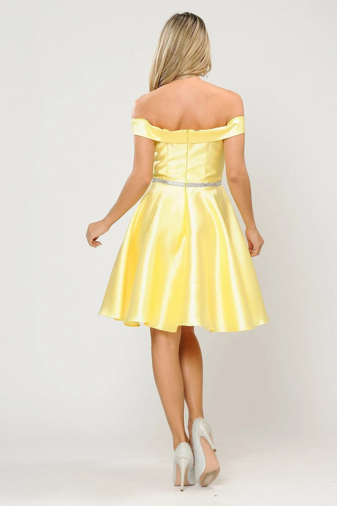 Sunny Yellow Off Shoulder Satin Homecoming Dress with Rhinestone Bel Perfect for School Dance