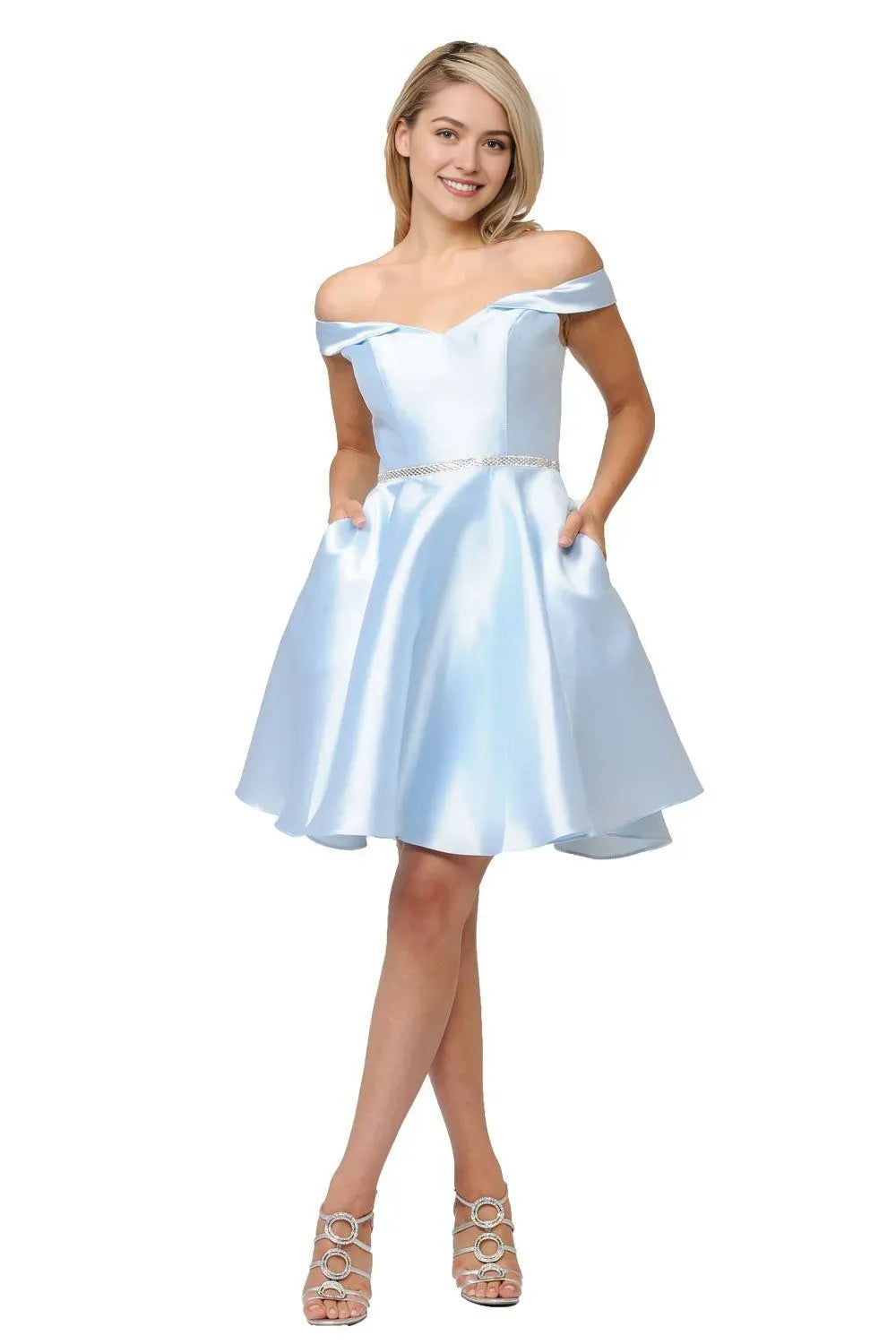 Sunny Yellow Off Shoulder Satin Homecoming Dress with Rhinestone Bel Perfect for School Dance