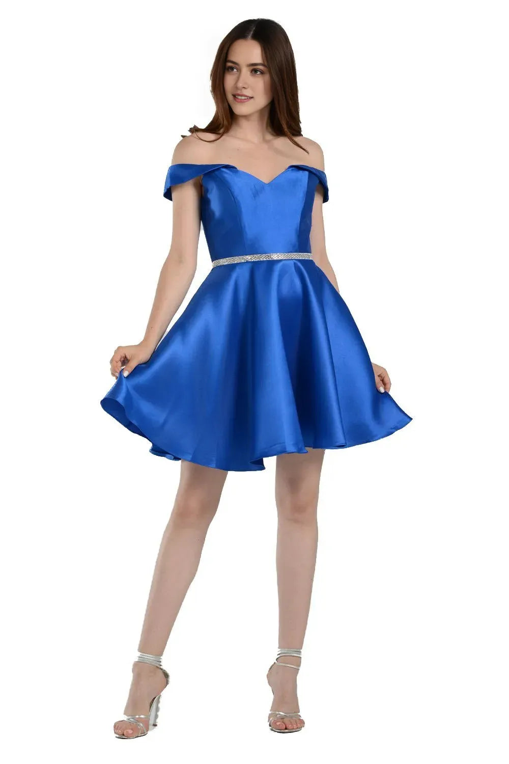 Sunny Yellow Off Shoulder Satin Homecoming Dress with Rhinestone Bel Perfect for School Dance