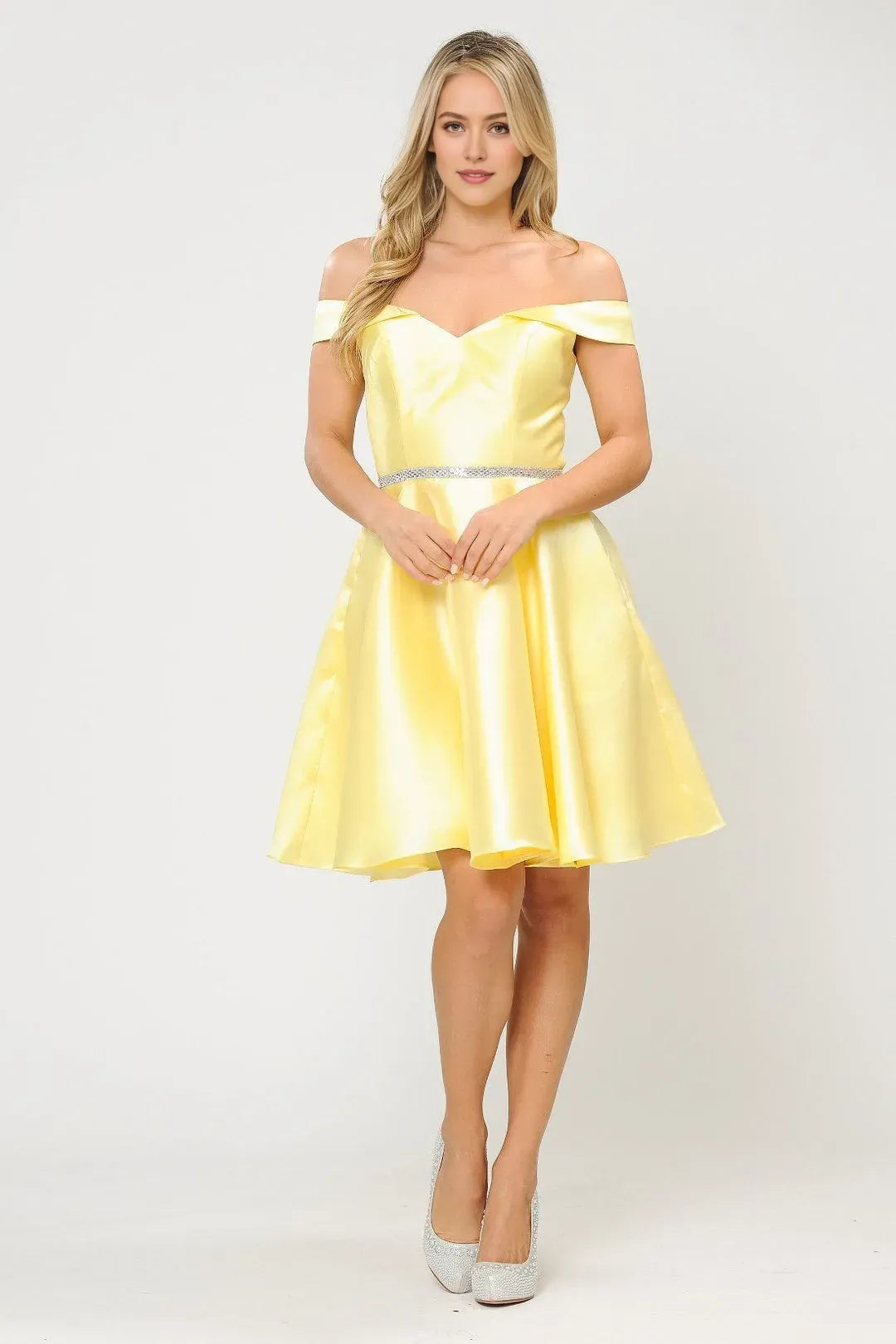 Sunny Yellow Off Shoulder Satin Homecoming Dress with Rhinestone Bel Perfect for School Dance