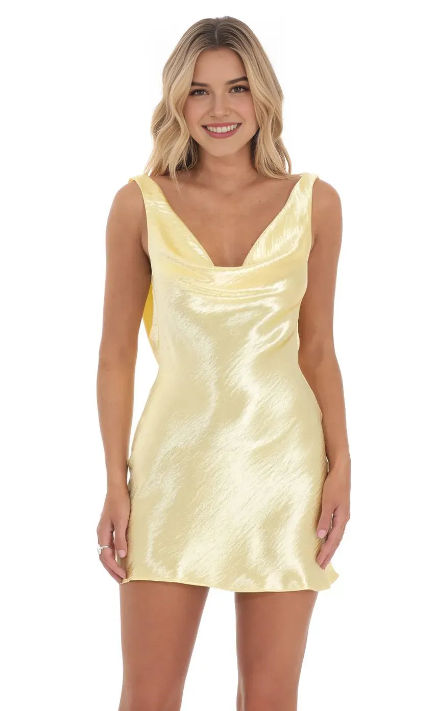 Sunny Yellow Satin Homecoming Dress with Cowl Neckline Back Bow Detail  Bodycon Fit Perfect for School Dances and Glam Nights