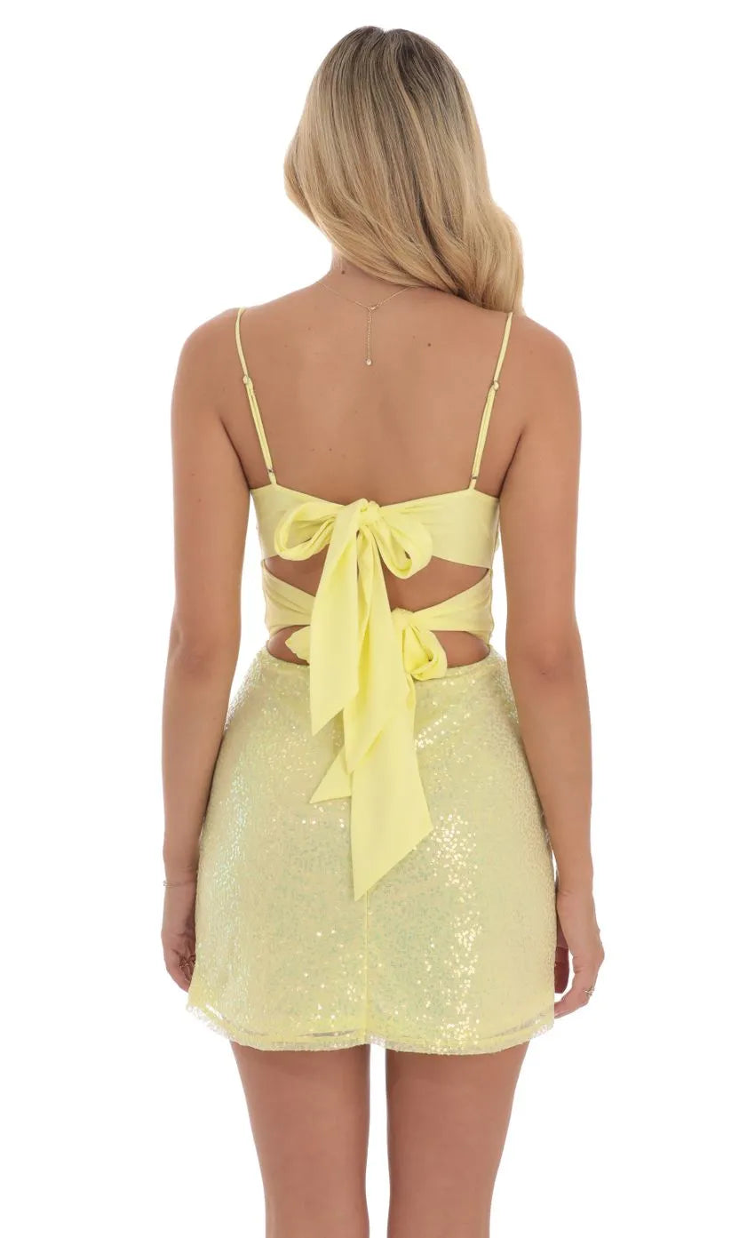 Sunny Yellow Sequin Homecoming Dress  Bow  Front Cutout Spaghetti Straps Perfect for Vibrant School Dances and Unforgettable Reunion Celebrations