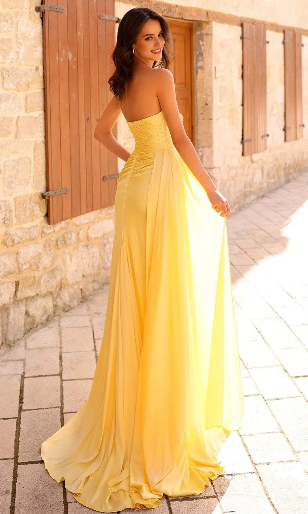 Sunny Yellow Strapless Chiffon Evening Gown with Ruched Bodice Asymmetric Draped Skirt and High Side Slit A Perfect Blend of Elegance and Airy Lightness for Formal Galas Weddings and Special Occasions
